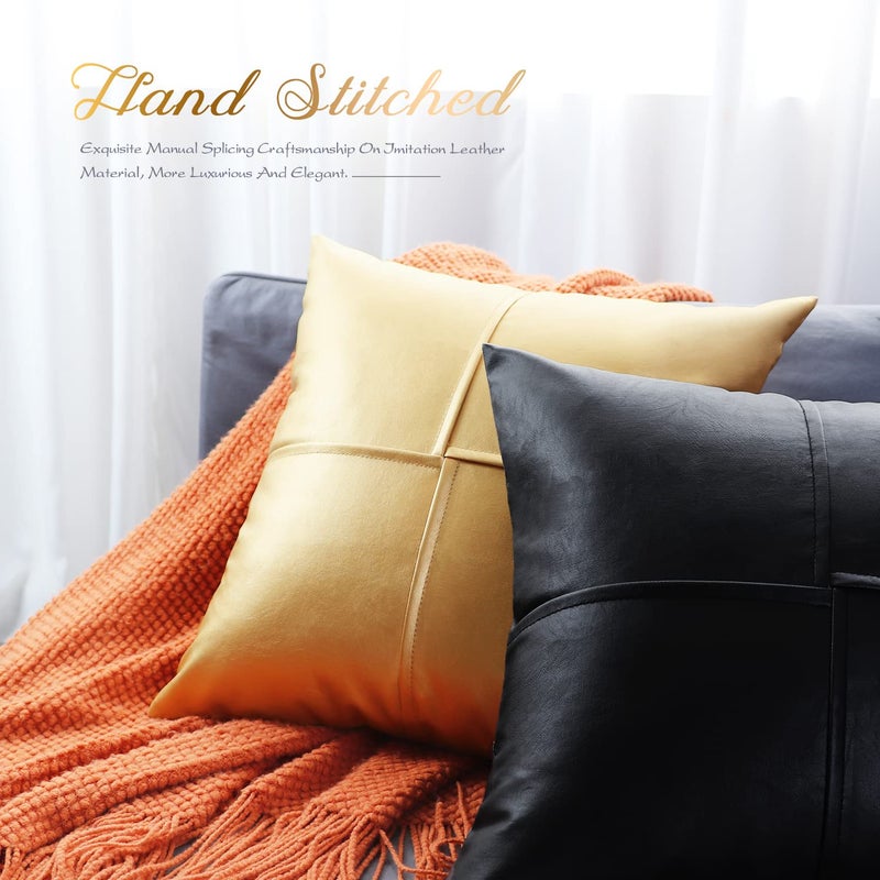 BRAWARM Faux Leather Throw Pillow Covers 18 X 18 Inches, Black Leather Pillow Covers Pack of 2, Hand Stitched Leather Decorative Throw Pillows for Couch Sofa Bed Living Room Home Garden - Image 5